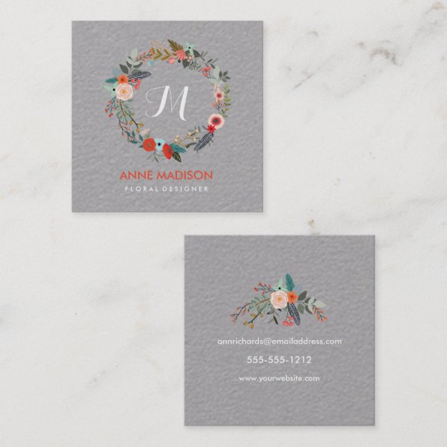 Monogram Floral Wreath Square Square Business Card (Front/Back)