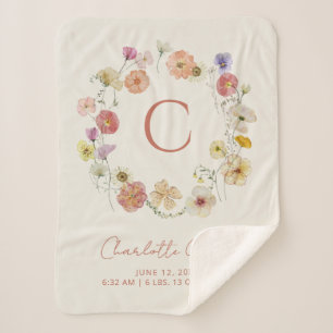 Monogram Floral Wreath Watercolor Birth Stats Sherpa Blanket