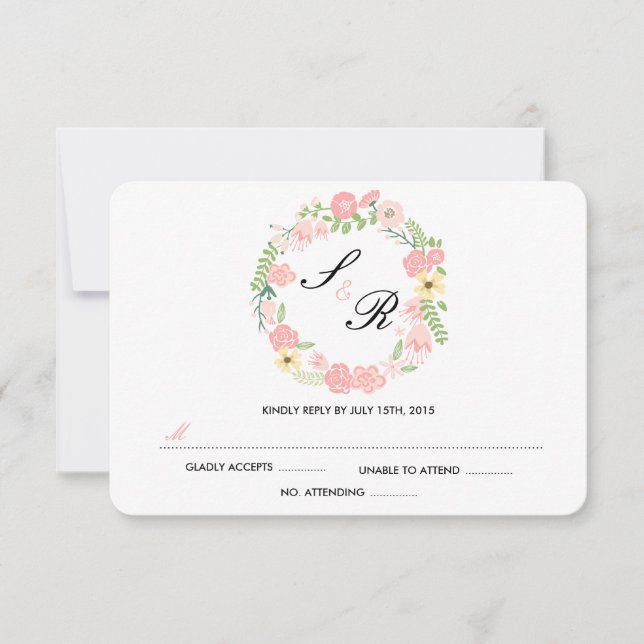 Monogram Floral Wreath Wedding RSVP Card (Front)