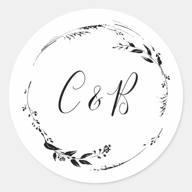 Monogram Floral Wreath White Script Wedding  Classic Round Sticker (Front)