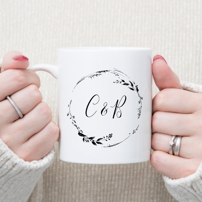 Monogram Floral Wreath White Script Wedding  Coffee Mug (Creator Uploaded)