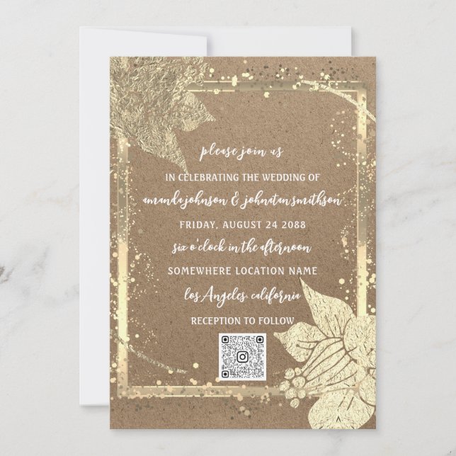 Monogram Florals Photo Gold Frame QR Code Kraft Invitation (Front)