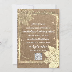 Monogram Florals Photo Gold Frame QR Code Kraft Invitation