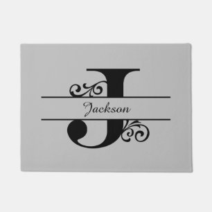 Monogram Flourish Letter J with Name Doormat