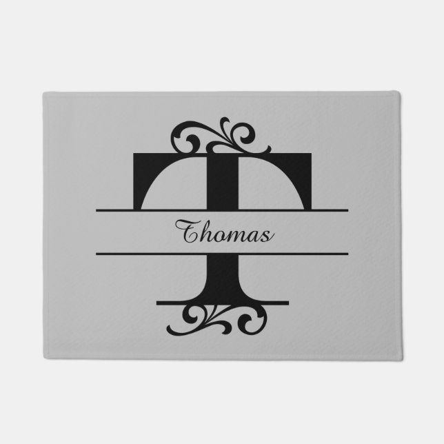 Monogram Flourish Letter T with Name Doormat (Front)