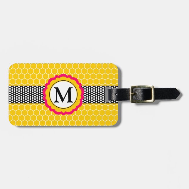 Monogram Flower and Honeycomb Pattern Personalised Luggage Tag (Front Horizontal)