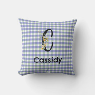 Monogram  flower gingham blue green pattern cushion