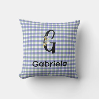 Monogram  flower gingham blue green pattern cushion