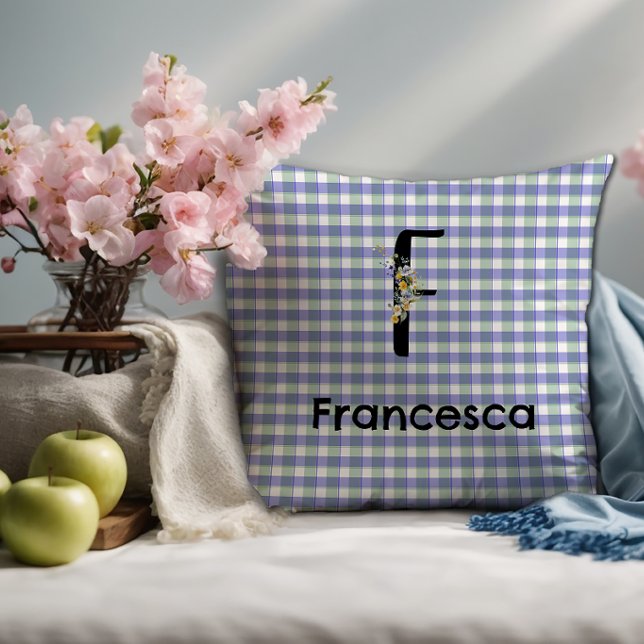 Monogram  flower gingham blue green pattern cushion (Creator Uploaded)