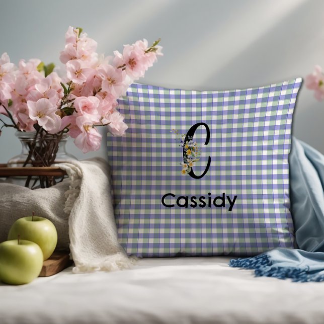 Monogram  flower gingham blue green pattern cushion (Creator Uploaded)