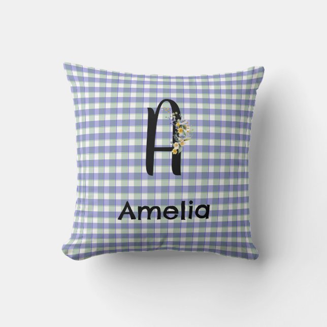 Monogram  flower gingham blue green pattern cushion (Front)