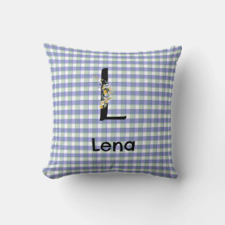 Monogram  flower gingham blue green pattern cushion