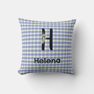 Monogram  flower gingham blue green pattern cushion