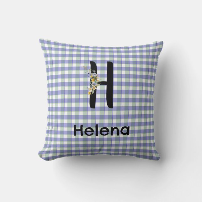 Monogram  flower gingham blue green pattern cushion (Front)