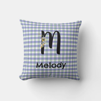 Monogram  flower gingham blue green pattern cushion