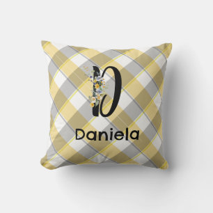 Monogram  flower gingham blue grey  cushion