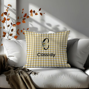 Monogram  flower gingham blue grey pattern cushion