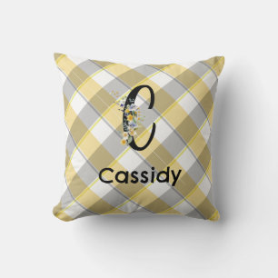 Monogram  flower gingham blue grey pattern cushion