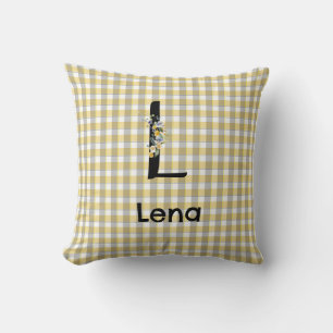 Monogram flower gingham yellow grey pattern cushion