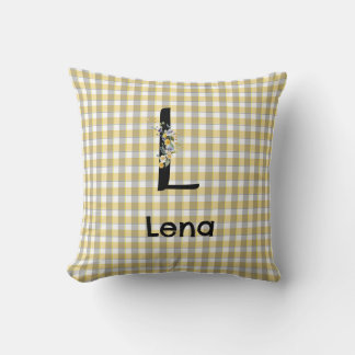 Monogram  flower gingham yellow grey pattern cushion