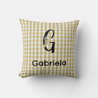 Monogram  flower gingham yellow grey pattern cushion