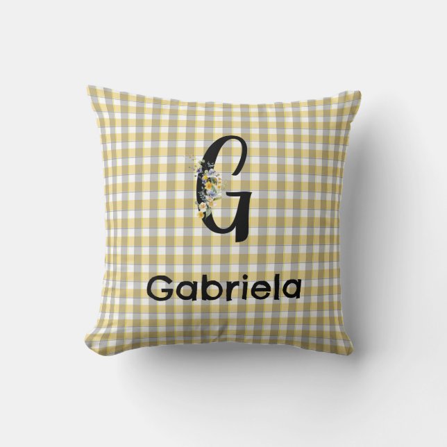Monogram  flower gingham yellow grey pattern cushion (Front)