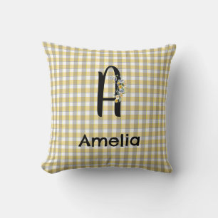 Monogram flower gingham yellow grey pattern cushion