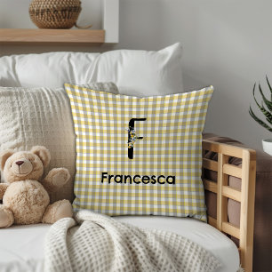 Monogram flower gingham yellow grey pattern cushion