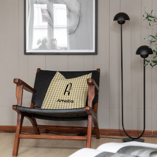 Monogram flower gingham yellow grey pattern cushion