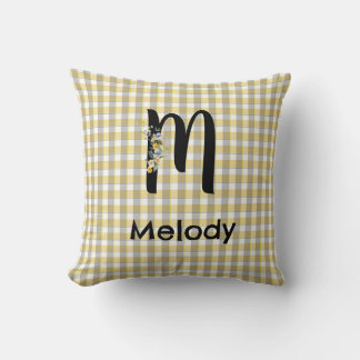 Monogram  flower gingham yellow grey pattern cushion