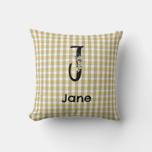 Monogram flower gingham yellow grey pattern cushion