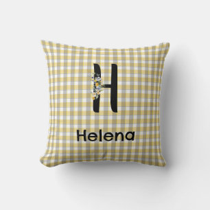 Monogram flower gingham yellow grey pattern cushion