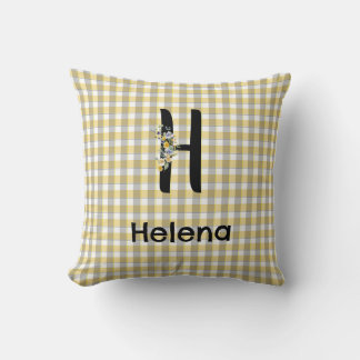 Monogram  flower gingham yellow grey pattern cushion