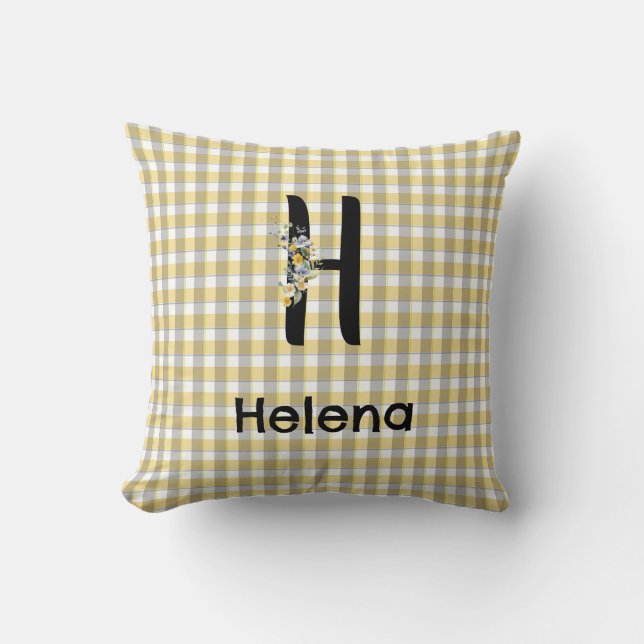 Monogram  flower gingham yellow grey pattern cushion (Front)