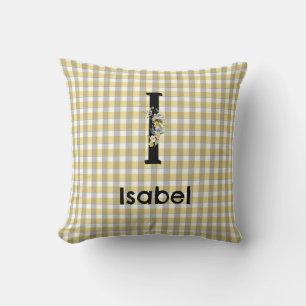 Monogram  flower gingham yellow grey pattern cushion