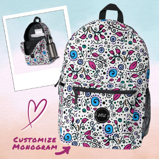 Monogram Flower Pattern blue Swirl Berry White - Printed Backpack