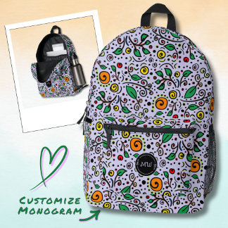 Monogram Flower Pattern orange Swirl Berry Lilac Printed Backpack