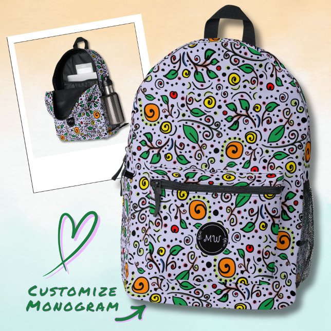Monogram Flower Pattern orange Swirl Berry Lilac Printed Backpack (Creator Uploaded)