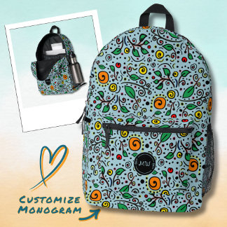Monogram Flower Pattern orange Swirl Berry on Teal Printed Backpack