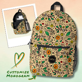 Monogram Flower Pattern orange Swirl Berry Orange Printed Backpack