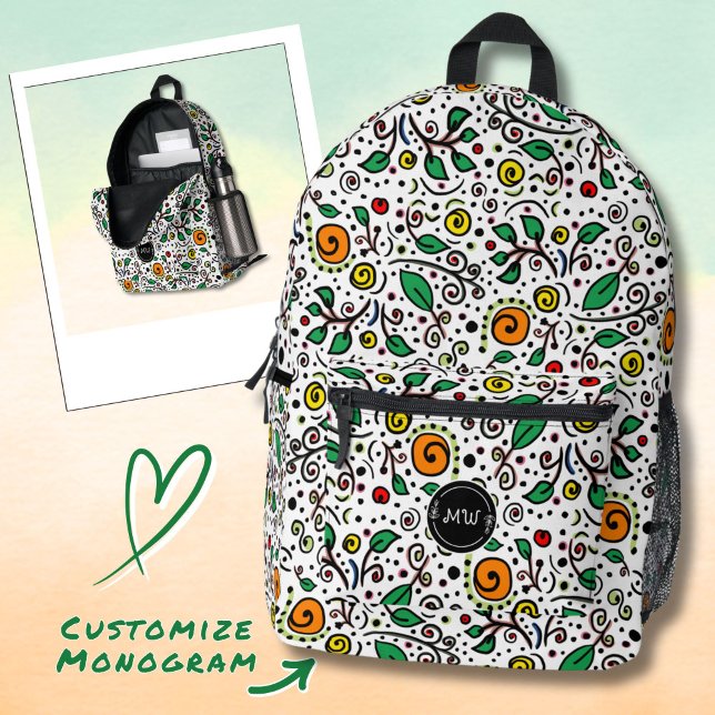 Monogram Flower Pattern orange Swirl Berry White Printed Backpack (Creator Uploaded)