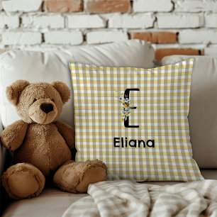 Monogram flower retro gingham blue grey cushion