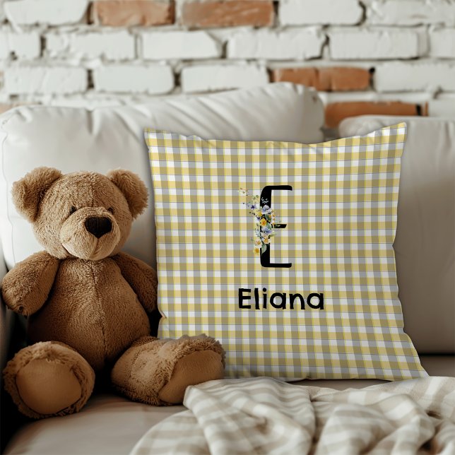 Monogram  flower retro gingham blue grey  cushion (Creator Uploaded)