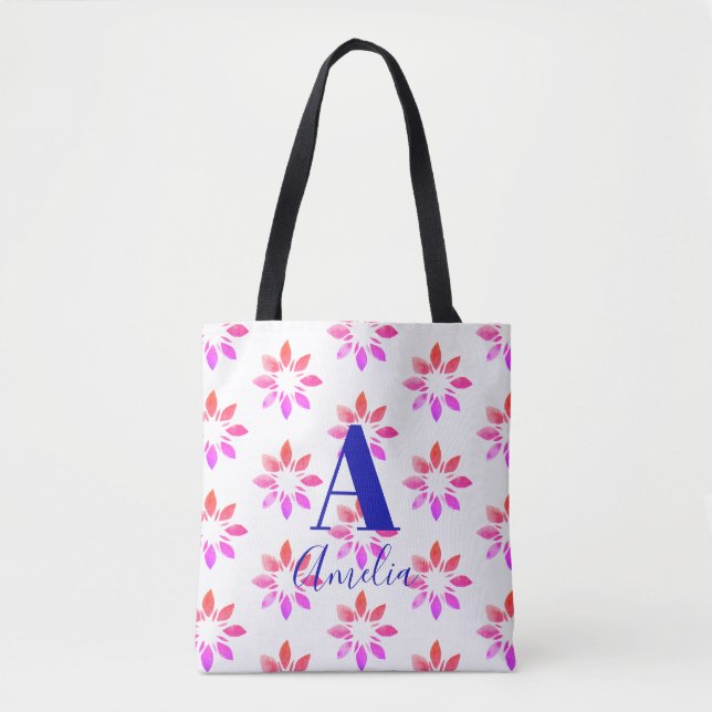 Monogram Flower Watercolor Retro Pattern Hot Pink Tote Bag (Front)