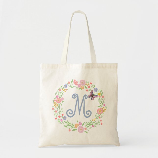 Monogram Flower Wreath and Butterfly BOHO Muslin Tote Bag (Front)