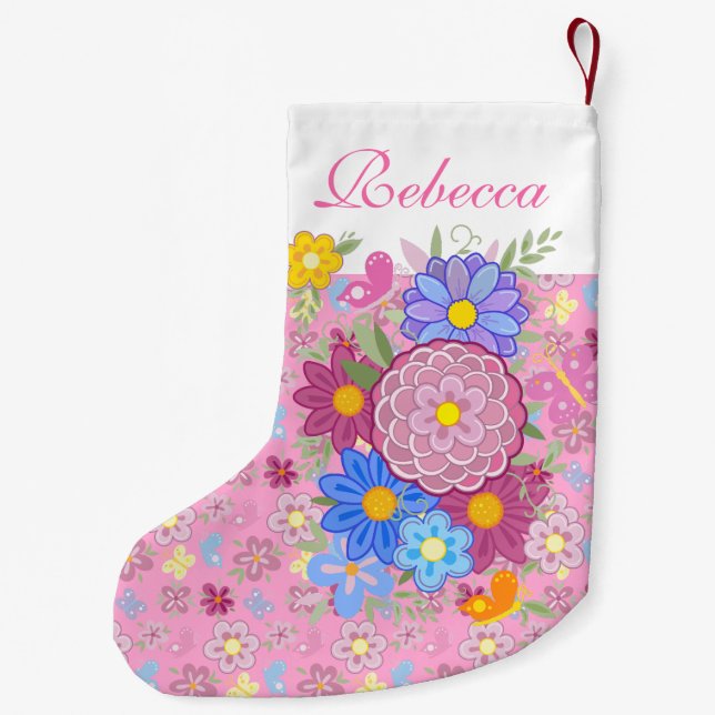 Monogram Flowers and butterfly floral design pink Small Christmas Stocking (Back)
