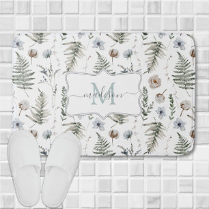 Monogram Flowers and Fern Leaves Floral Botanical Bath Mat