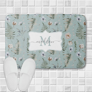 Monogram Flowers and Fern Leaves Floral Botanical Bath Mat