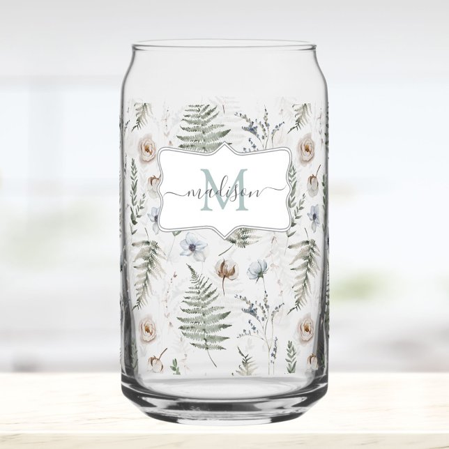 Monogram Flowers and Fern Leaves Floral Botanical Can Glass (In situ)
