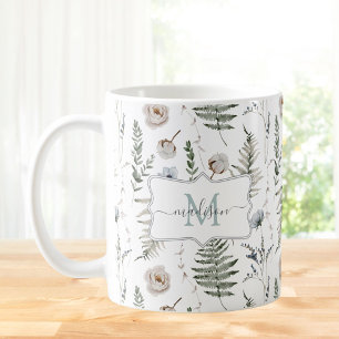 Monogram Flowers and Fern Leaves Floral Botanical Coffee Mug